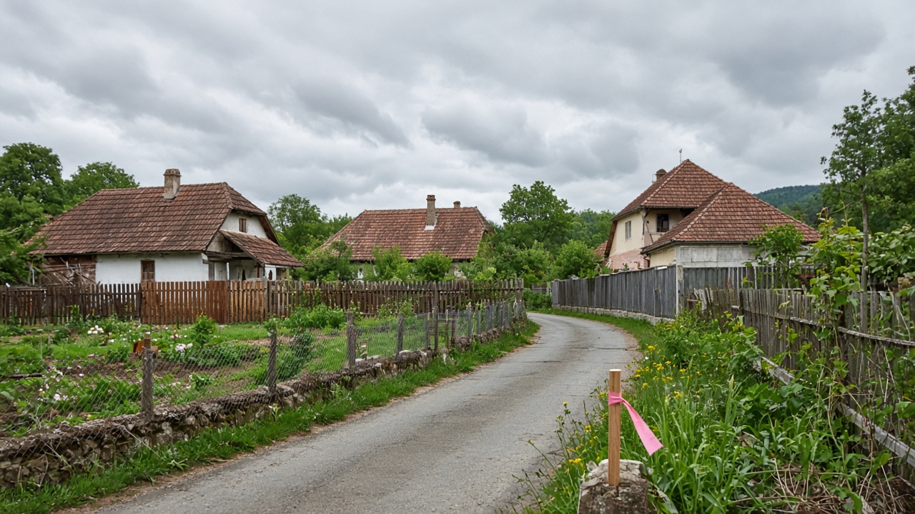 Stradă de sat cu limite de proprietate și un țăruș de hotar