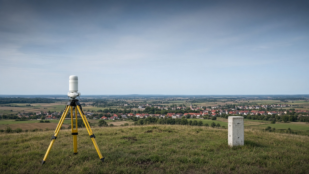 Antenă GNSS pe trepied deasupra unei câmpii