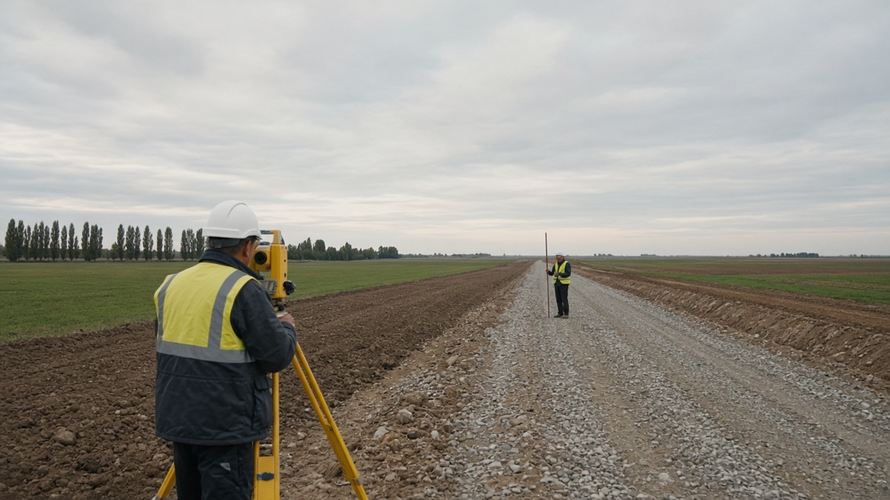 Echipă de topografi măsurând un drum nou între terenuri agricole